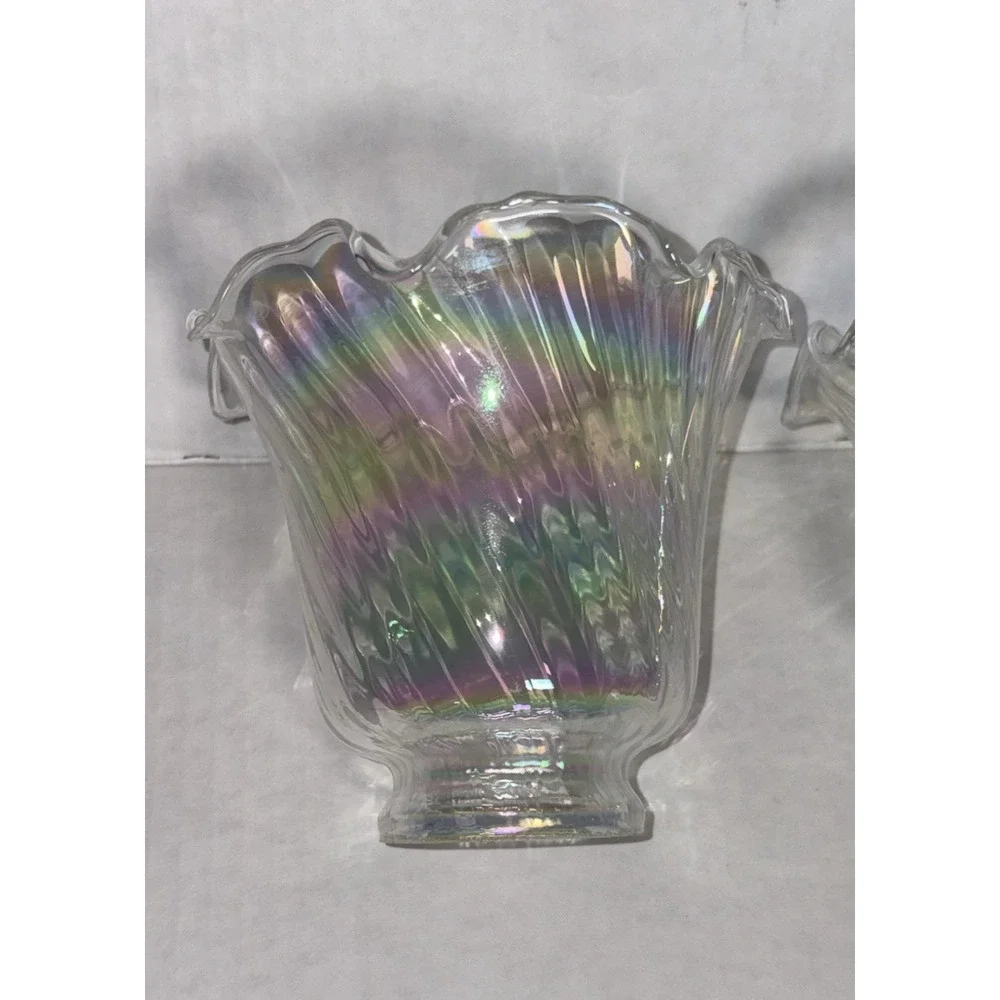 Iridescent 4” Light Shade Hurricane Lamp Swirl Bell Ruffled Fitter 2” Set of 3